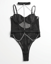 JX Women's Transparent Lace Bodysuit with Metal Chain