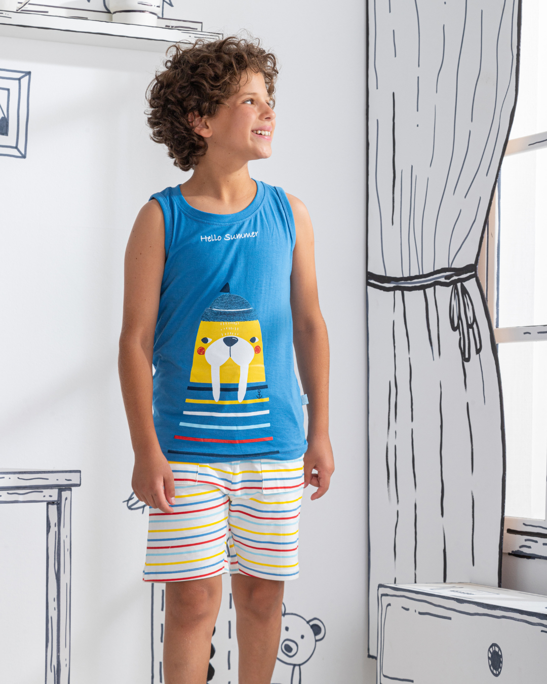 Hello Summer بيجاما اطفالي اولادي تيشرت كت وشورت قطن