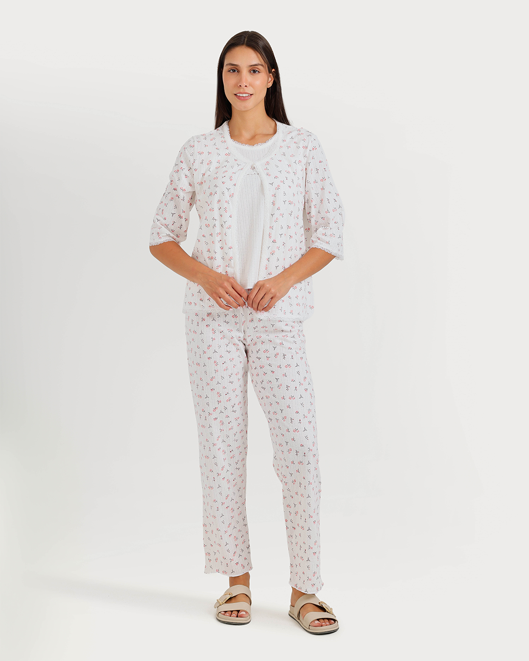 Women's 3/4 sleeve pajama with camisole, pants, and jacquard jacket