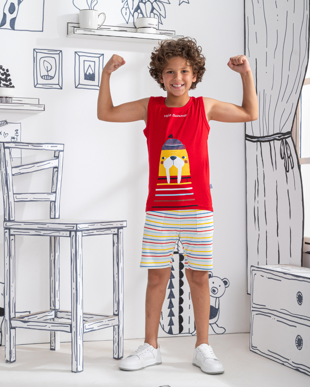 Hello Summer بيجاما اطفالي اولادي تيشرت كت وشورت قطن