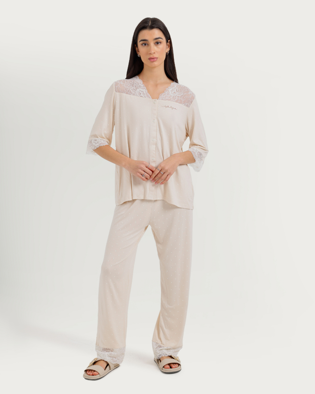 Women's Three-Quarter Sleeve Pajama with Buttons and Lace Pants