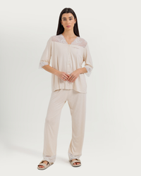 Women's Three-Quarter Sleeve Pajama with Buttons and Lace Pants