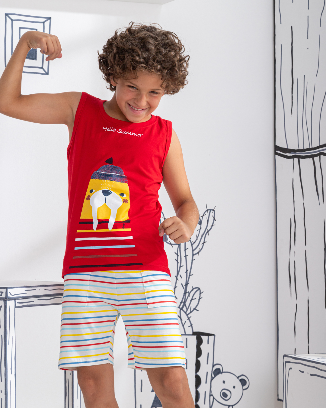 Hello Summer بيجاما اطفالي اولادي تيشرت كت وشورت قطن