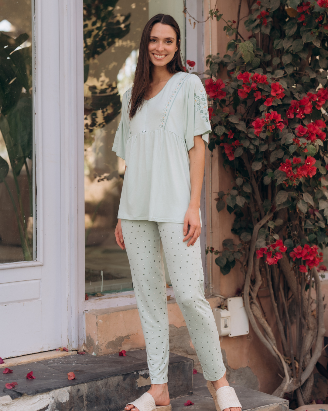 Women's pajamas, long dotted trousers, half-sleeved T-shirt, butterfly, floral embroidery