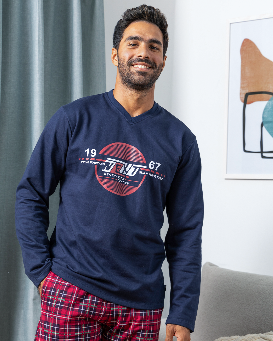 NEXt 1967 V بيجامه رجالي بنطلون كاروه