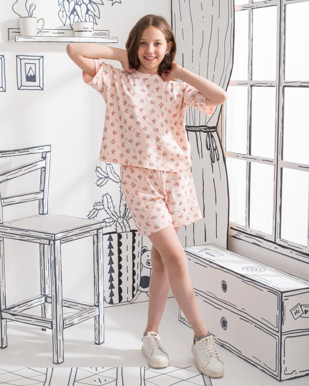 Floral Pointelle Girls' half-sleeved pajamas and shorts printed with roses