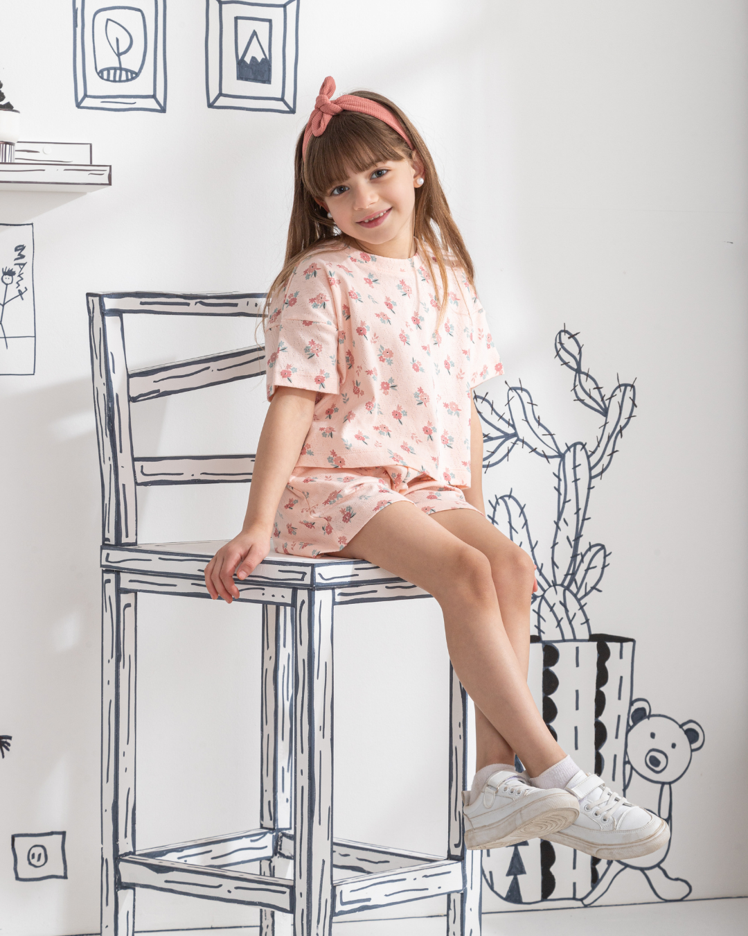 Floral Pointelle Girls' half-sleeved pajamas and shorts printed with roses