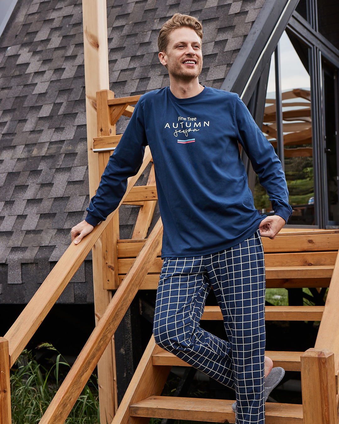 Pine tree autumn season men's long sleeve pajamas, Melton