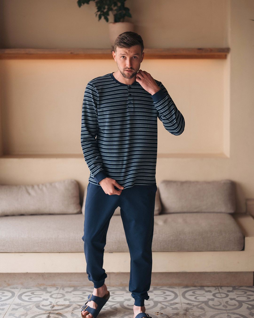 Waffel Stripe بيجاما رجالي كم طويل وافل سترايب * بنطلون سمر ميلتون