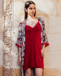 Women's robe with short shirt, burgundy mint rose