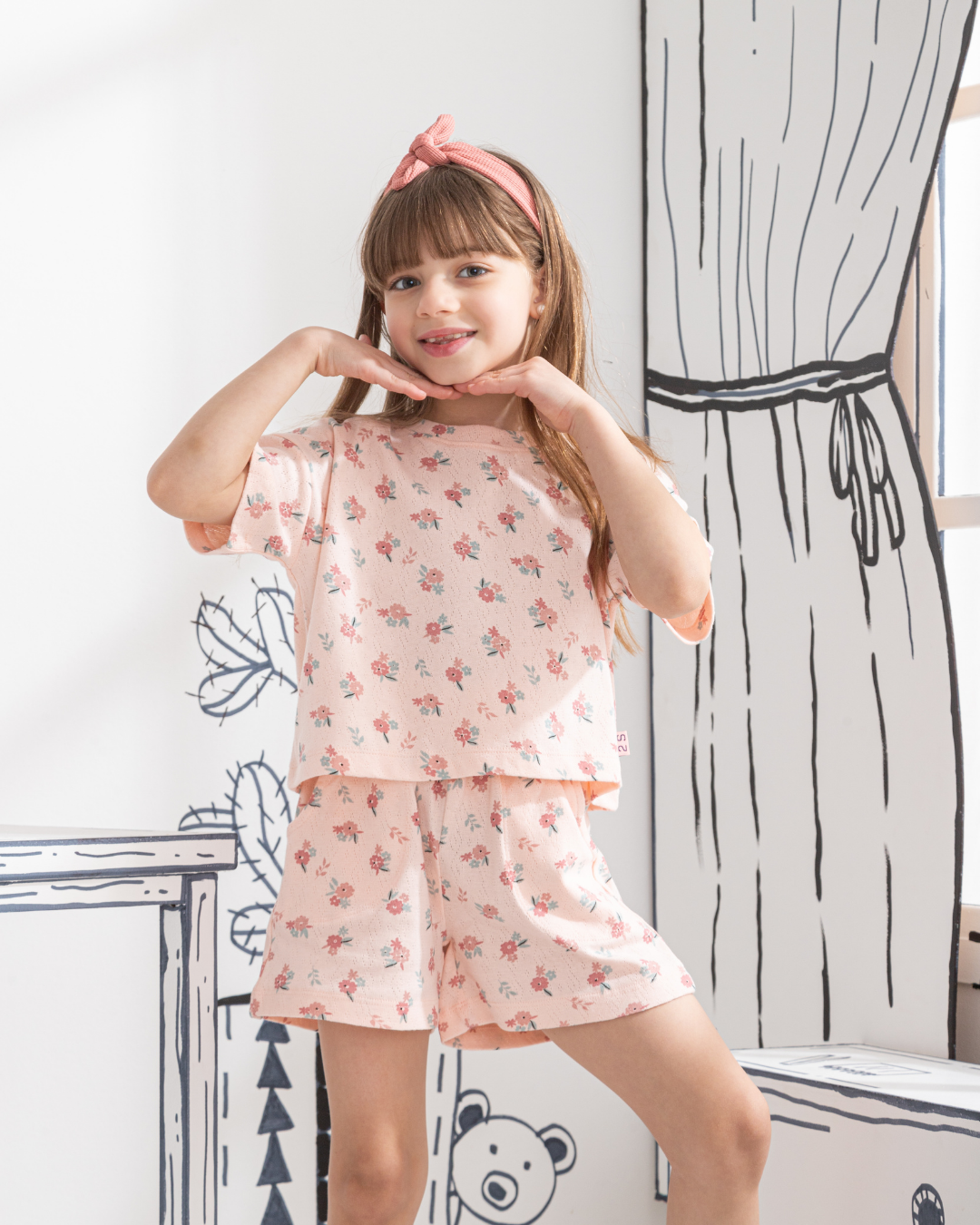 Floral Pointelle Girls' half-sleeved pajamas and shorts printed with roses