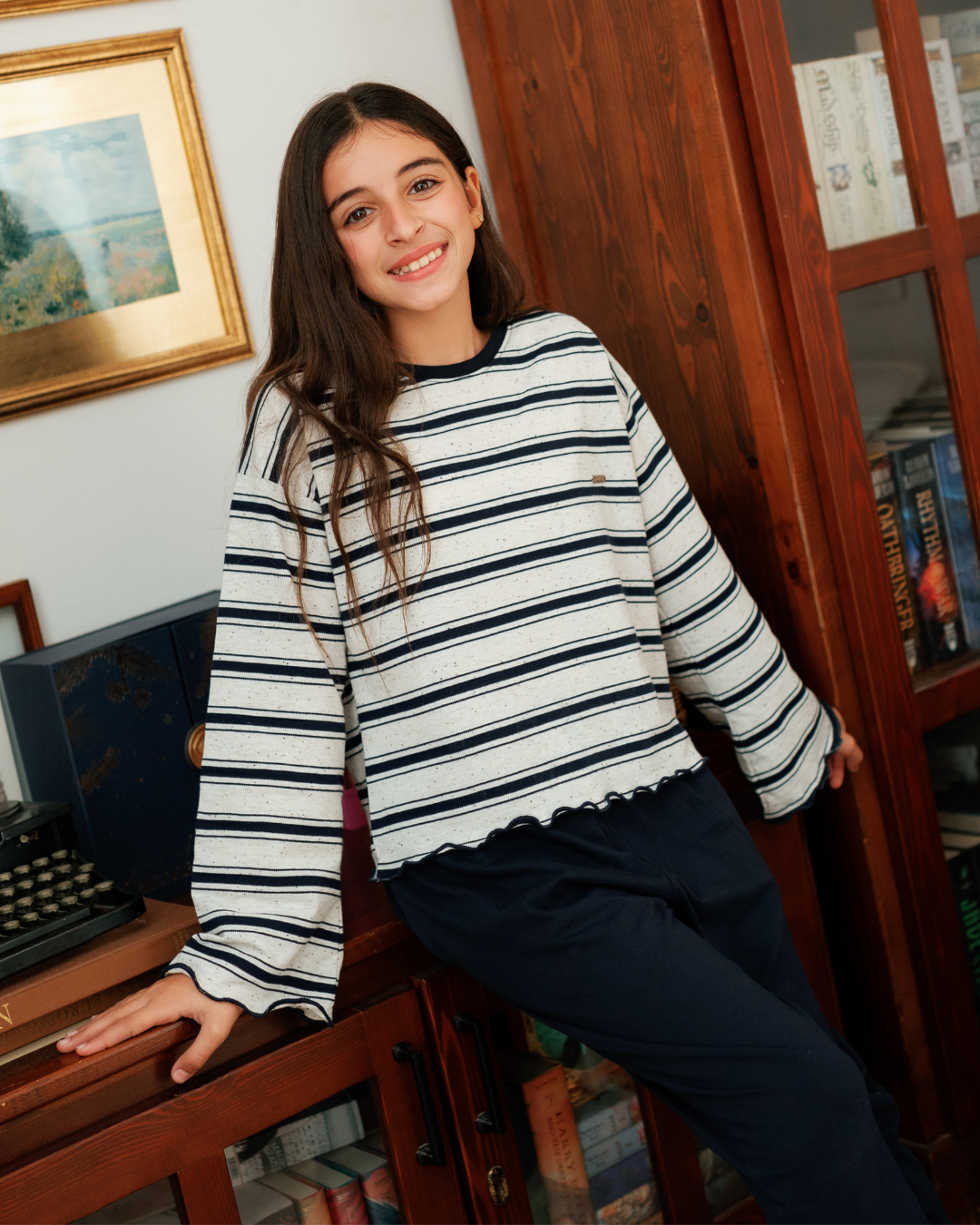 بيجاما بناتي جونيور بكم طويل واسع و بنطلون ساده