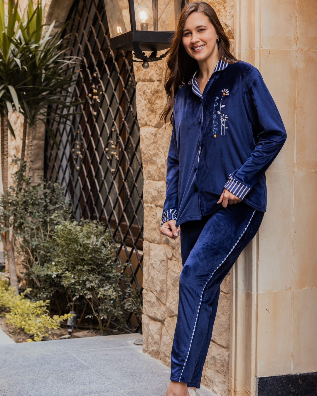 بيجامه حريمي كلاسيك كم طويل بنطلون طويل قطيفة فتح ازرار