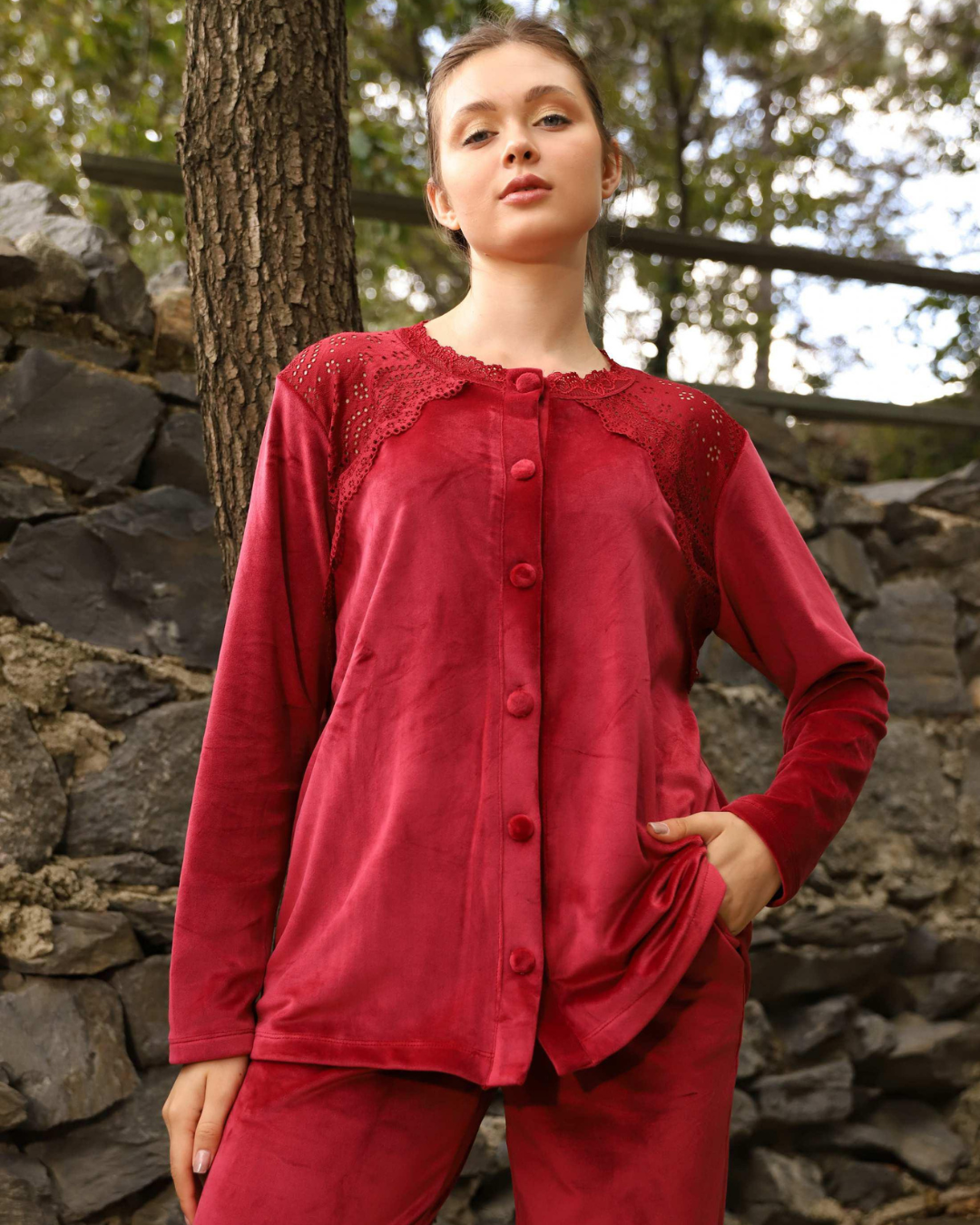 Classic women's pajamas with lace on the shoulder and buttons