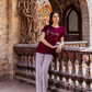 Women's pajamas, butterfly text print top, burgundy rose pants