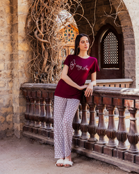Women's pajamas, butterfly text print top, burgundy rose pants