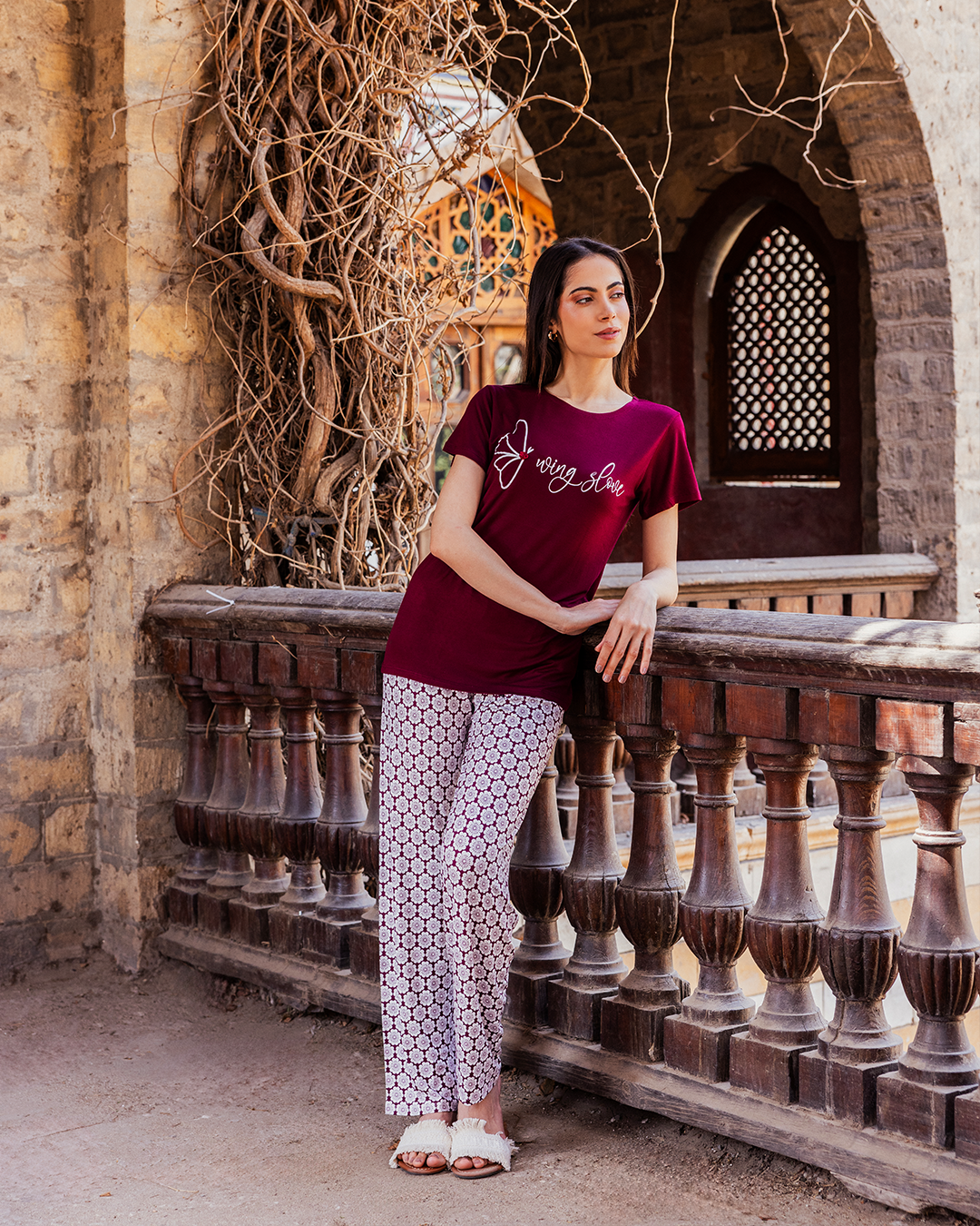 Women's pajamas, butterfly text print top, burgundy rose pants