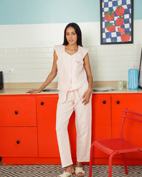 بيجاما حريمي ربع كم فتح ازرار بنطلون طويل رباط طباعة وردة كبيرة