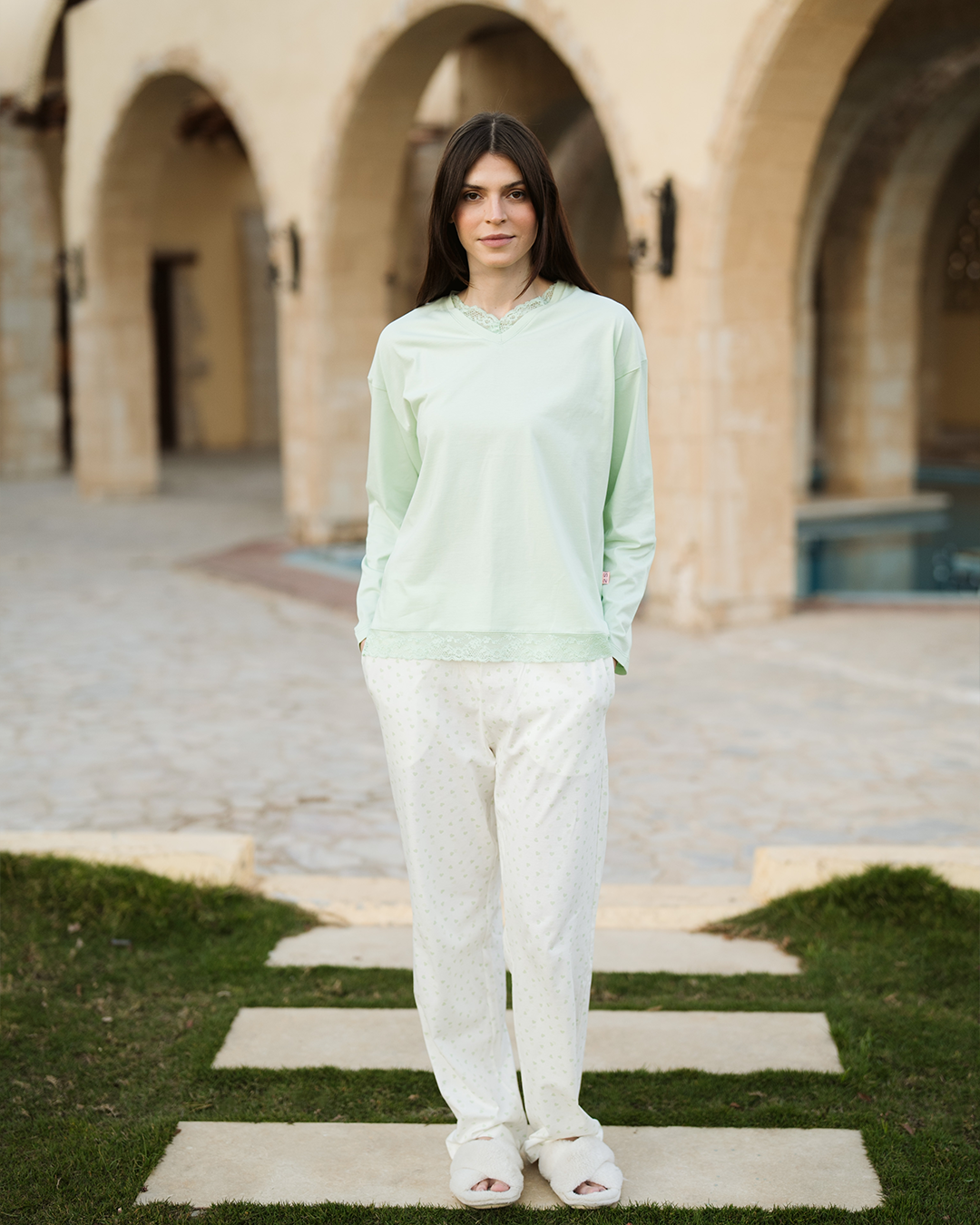 Lovely hearts بيجاما حريمي بكم و بنطلون مطبوع قطن