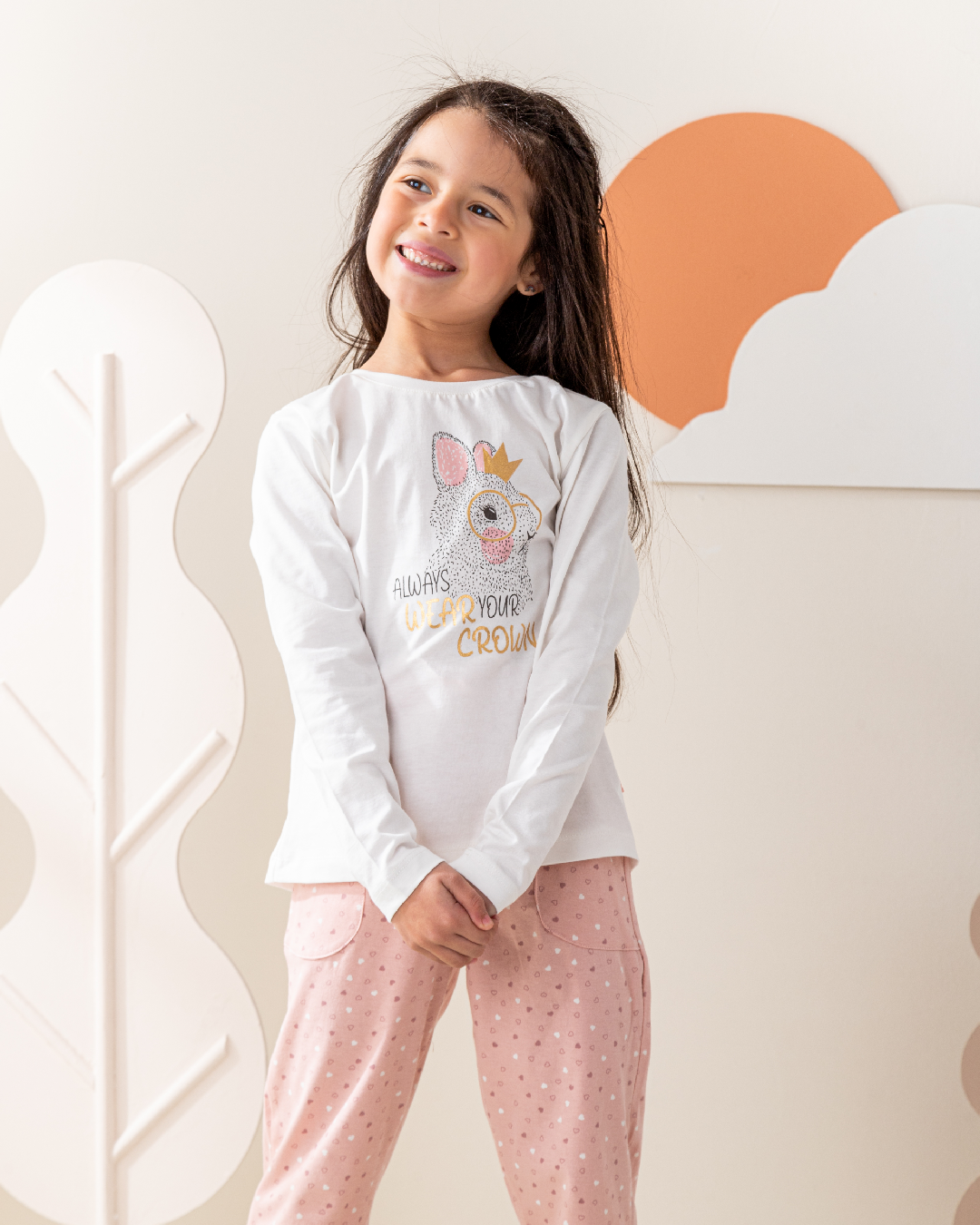 Wear your crown بيجاما ربيعي بناتي توب بكم و بنطلون