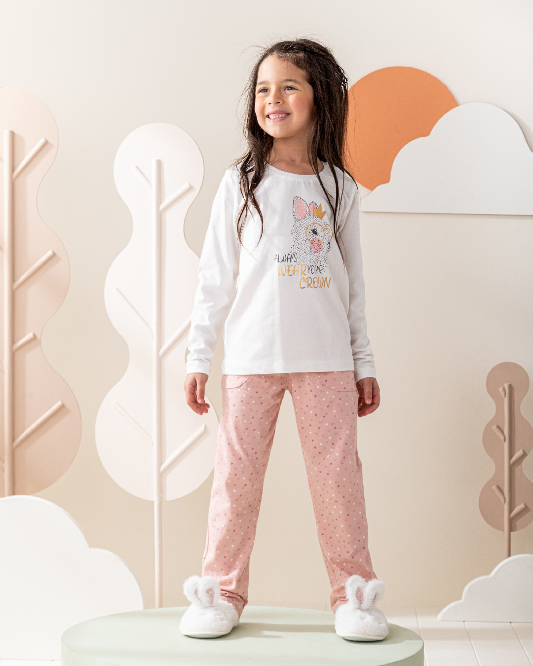 Wear your crown بيجاما ربيعي بناتي توب بكم و بنطلون
