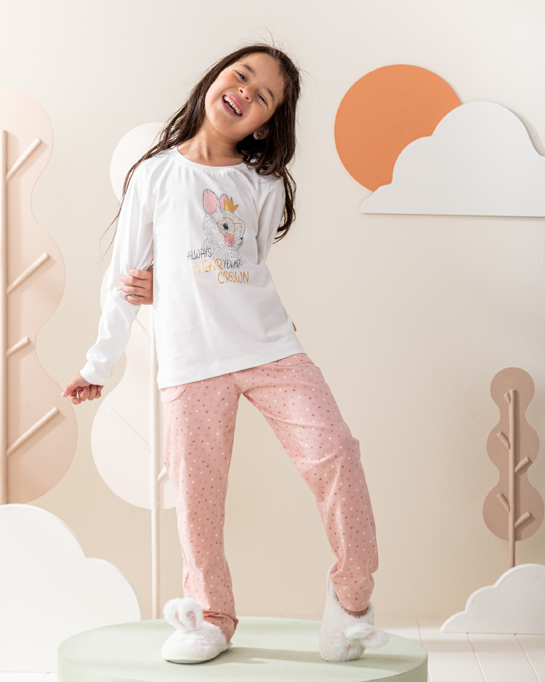 Wear your crown بيجاما ربيعي بناتي توب بكم و بنطلون