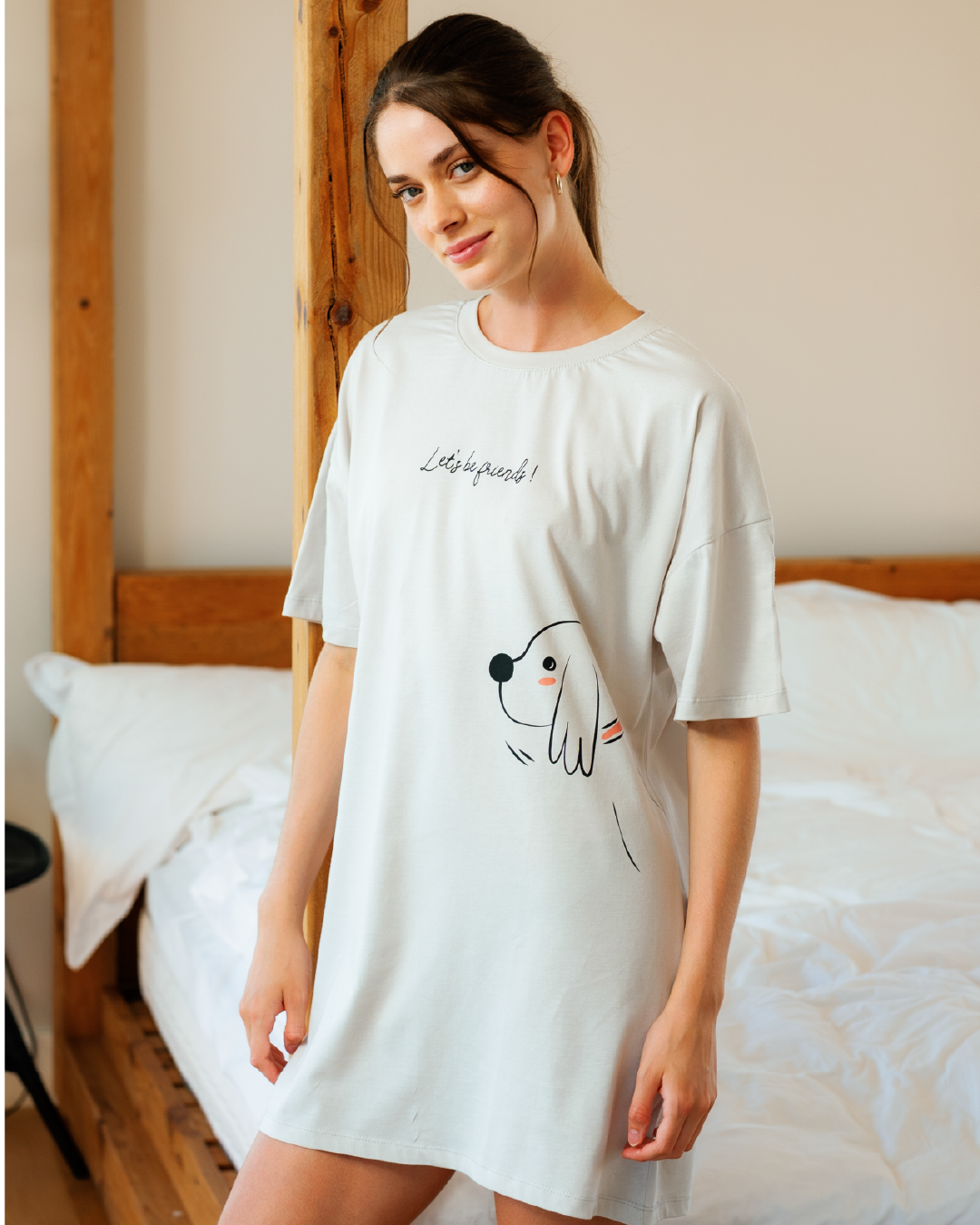 قميص نوم نسائي بتصميم الجرو اللطيف بالرمادي