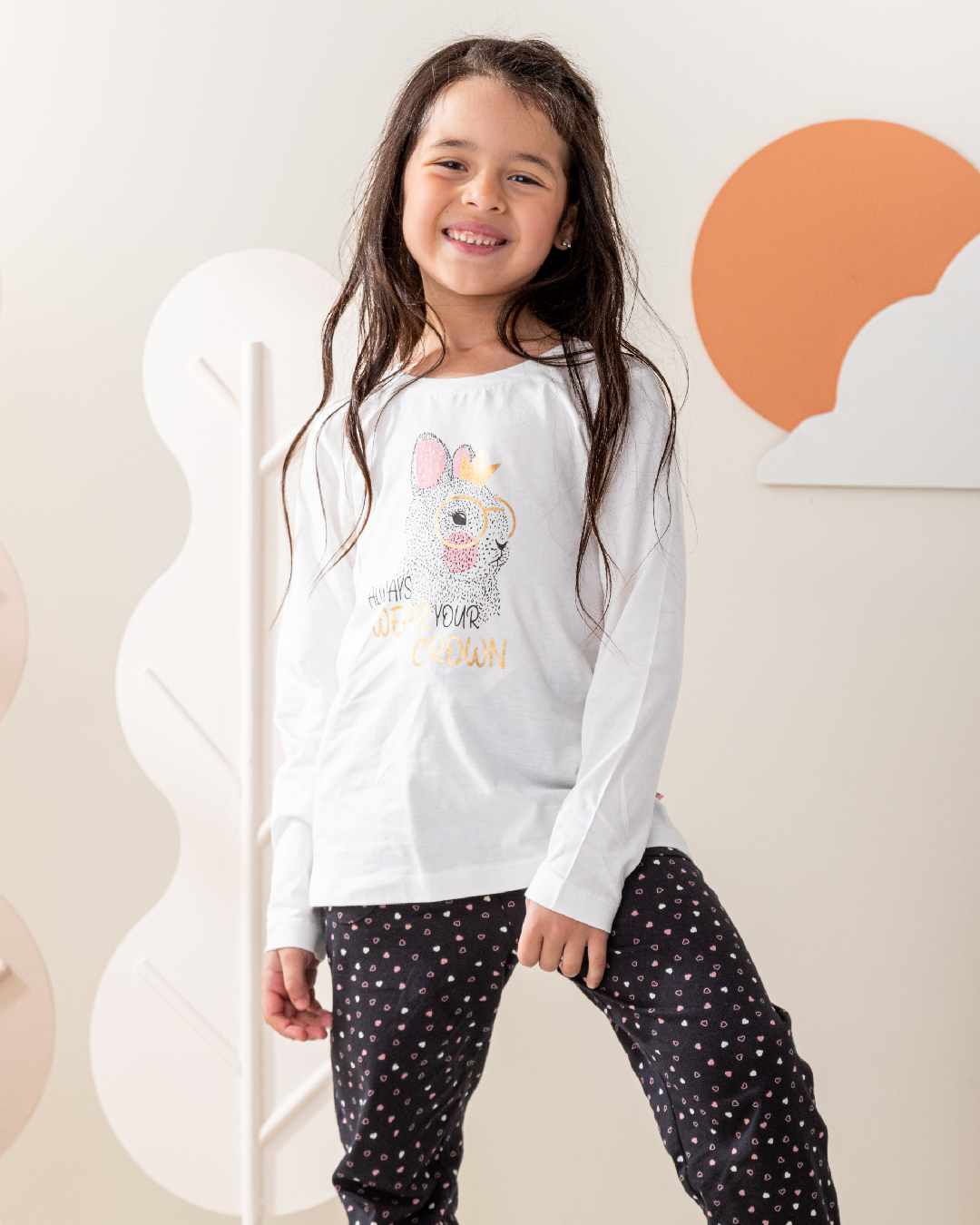 Wear your crown بيجاما ربيعي بناتي توب بكم و بنطلون