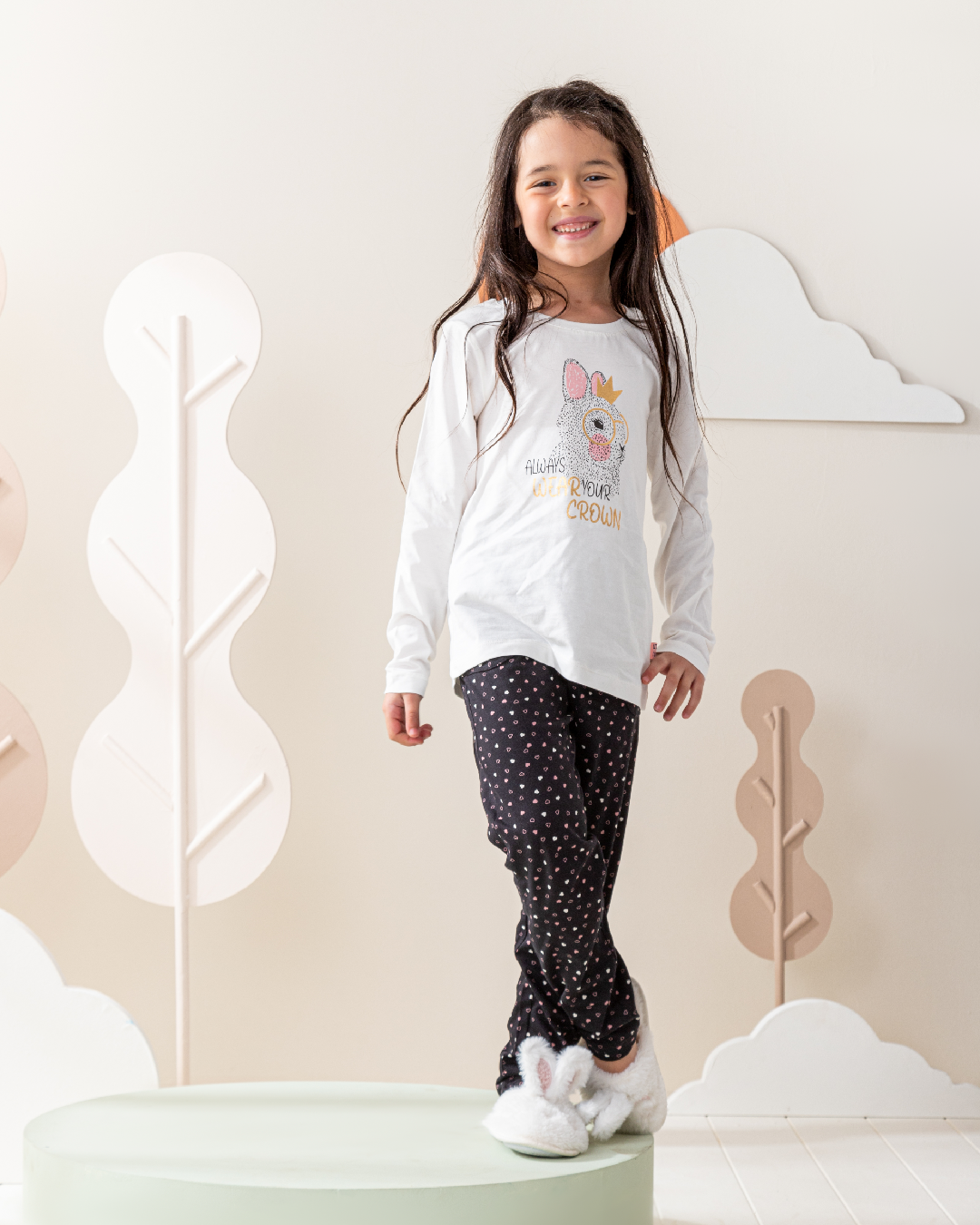 Wear your crown بيجاما ربيعي بناتي توب بكم و بنطلون