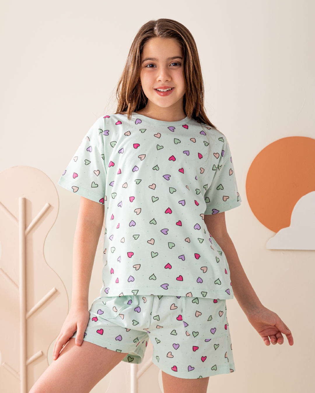 بيجاما قطن كم و شورت قلوب