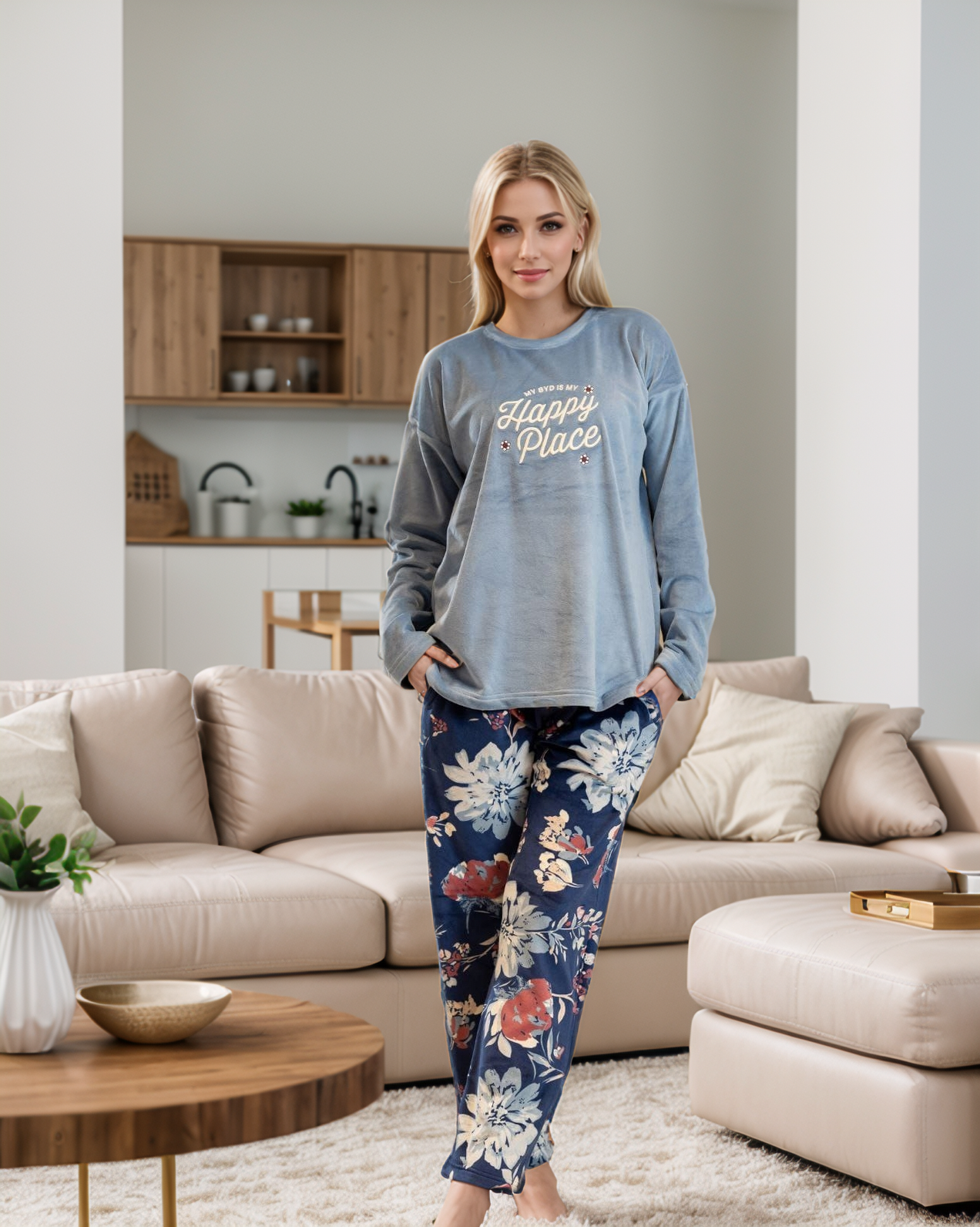Happy Place Women's Velvet Pajamas, T-shirt with printed sleeves on the chest and floral patterned pants
