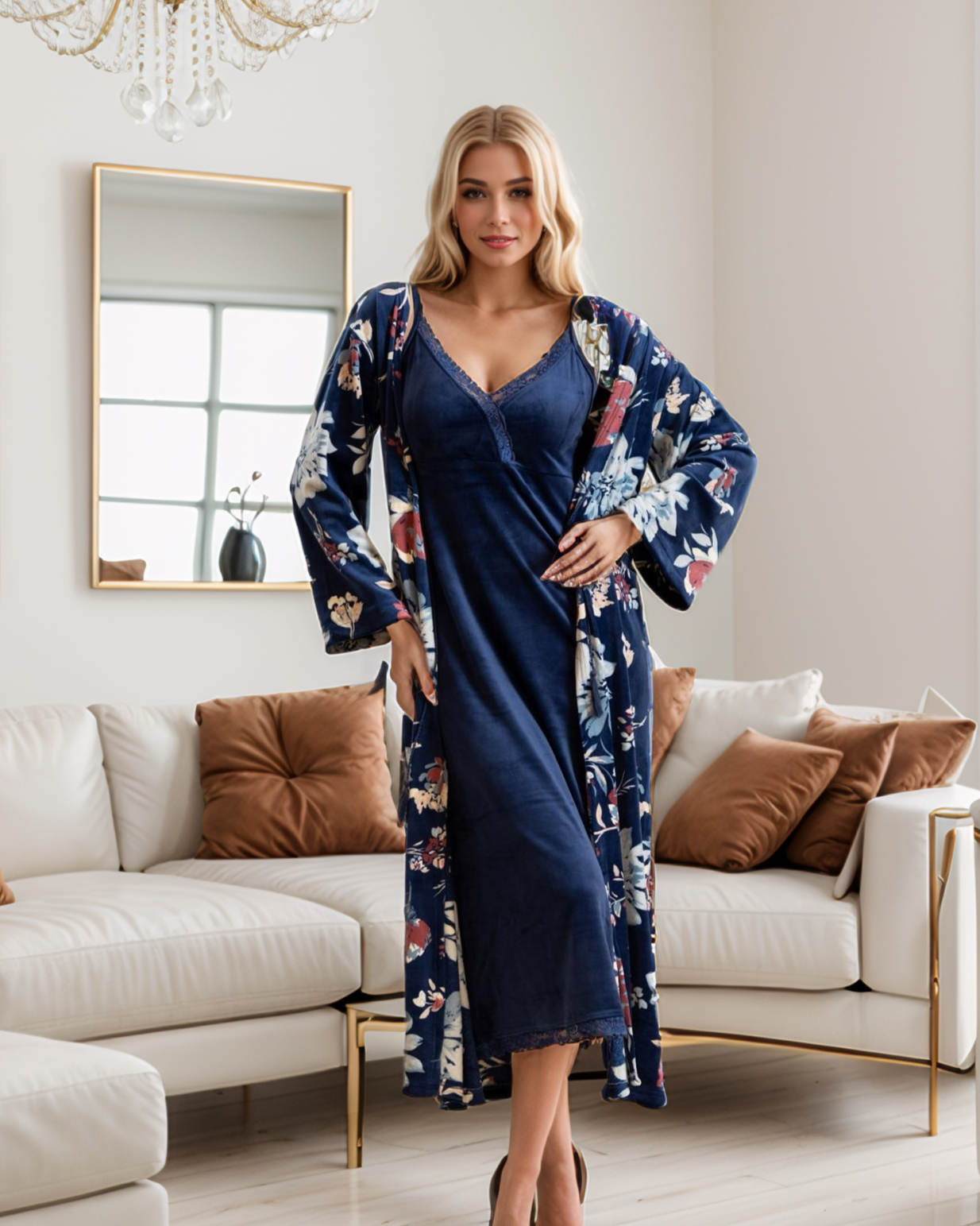 قميص حريمي قطيفه طويل دانتيل علي الصدر ساده بروب طويل مشجر