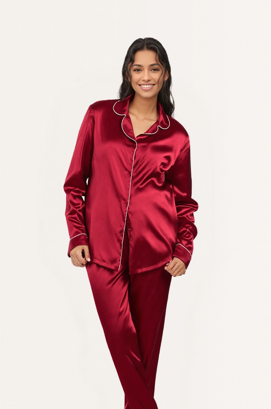 Women's pajamas, classic satin, plain with buttons