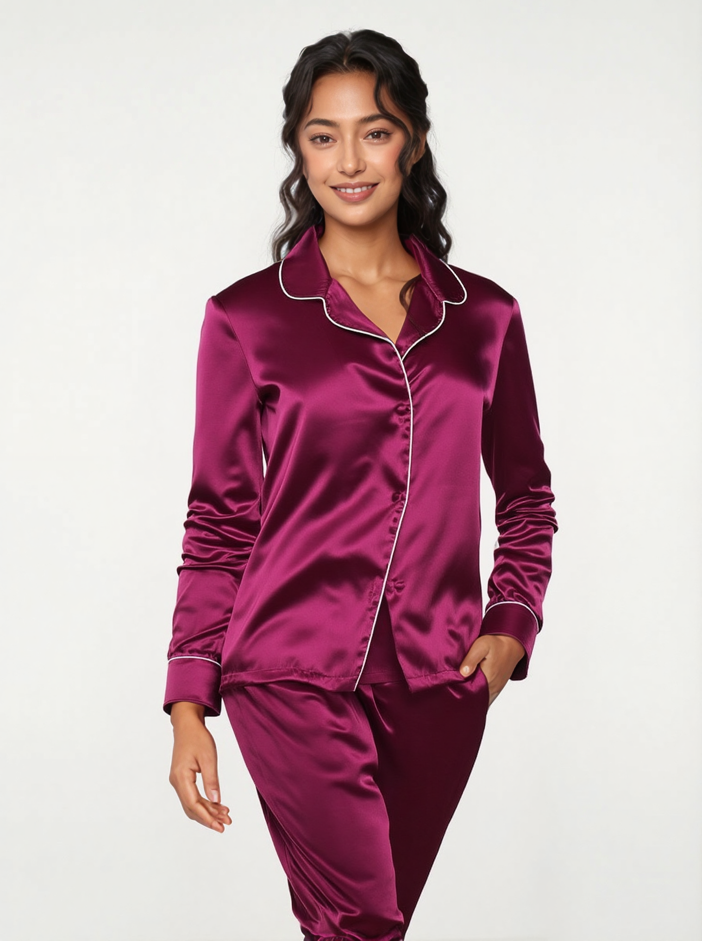 Women's pajamas, classic satin, plain with buttons