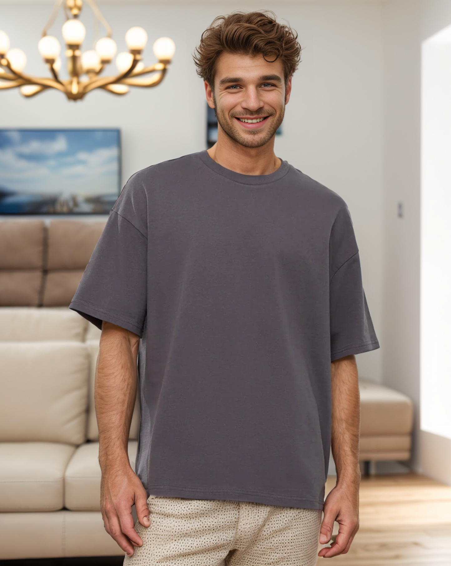 تيشرت رجالي نُص كُم سادة واسع