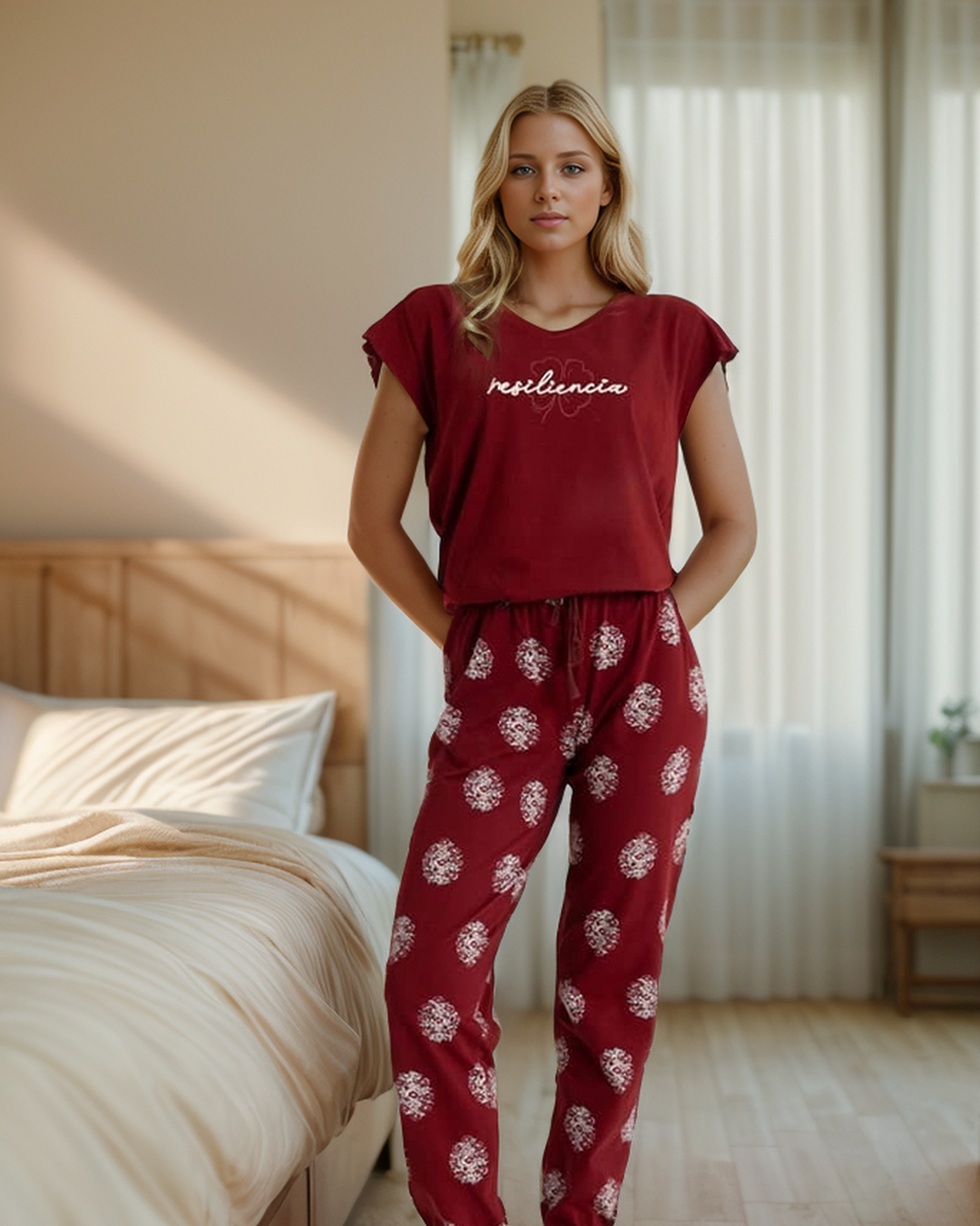 Resiliensia Women's pajamas with quarter-sleeved T-shirt and printed pants