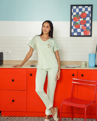 بيجاما حريمي نصف كم بنطلون طويل تطريز كم دانتيل