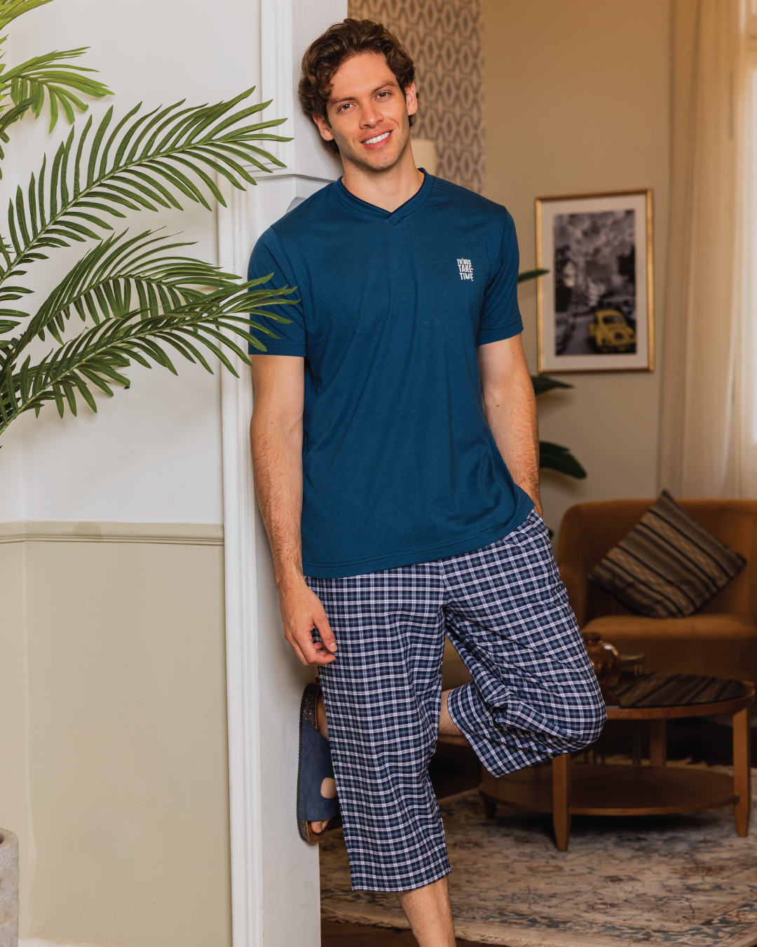 السادة Xبيجامه رجالي تيشرت نص كم رواند وبنتاكور النسيج الكاروة