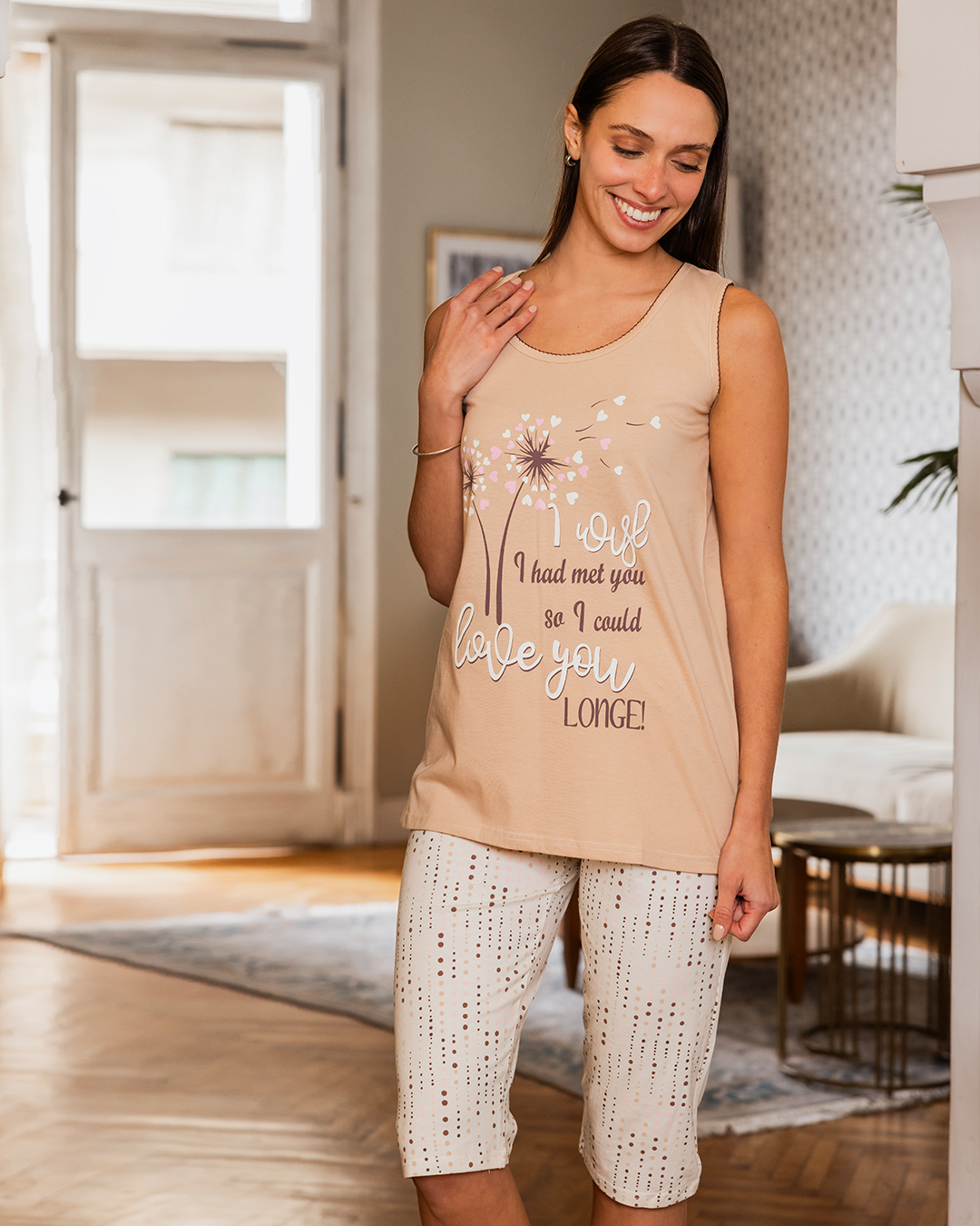 love you longe Women's dotted Bermuda pajamas, wide shoulder T-shirt with print on the chest