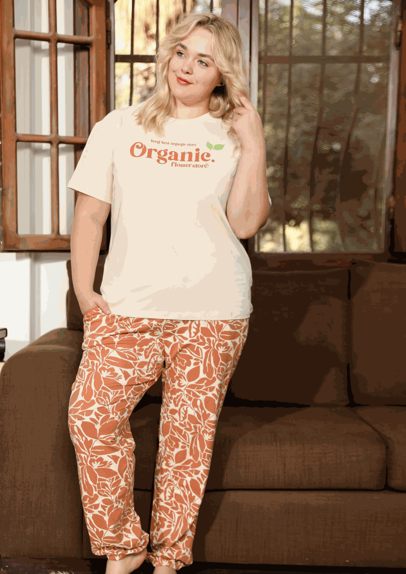 organic flower store بيجامه حريمي تيشرت نص كم وبنطلون مطبوع