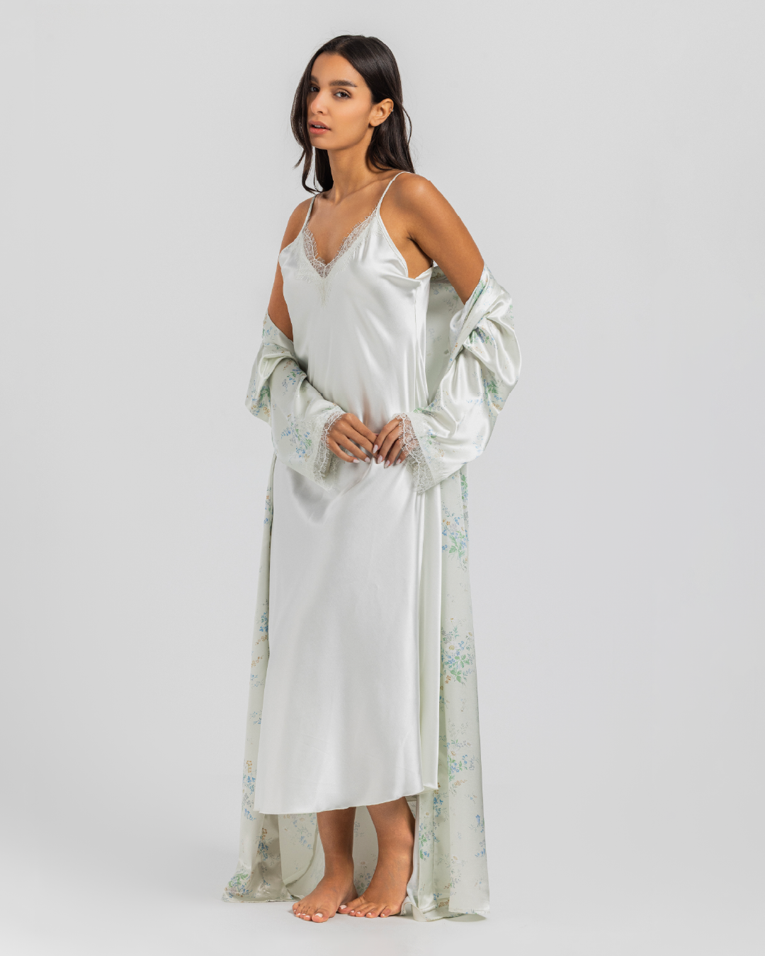 Long shirt with printed satin robe