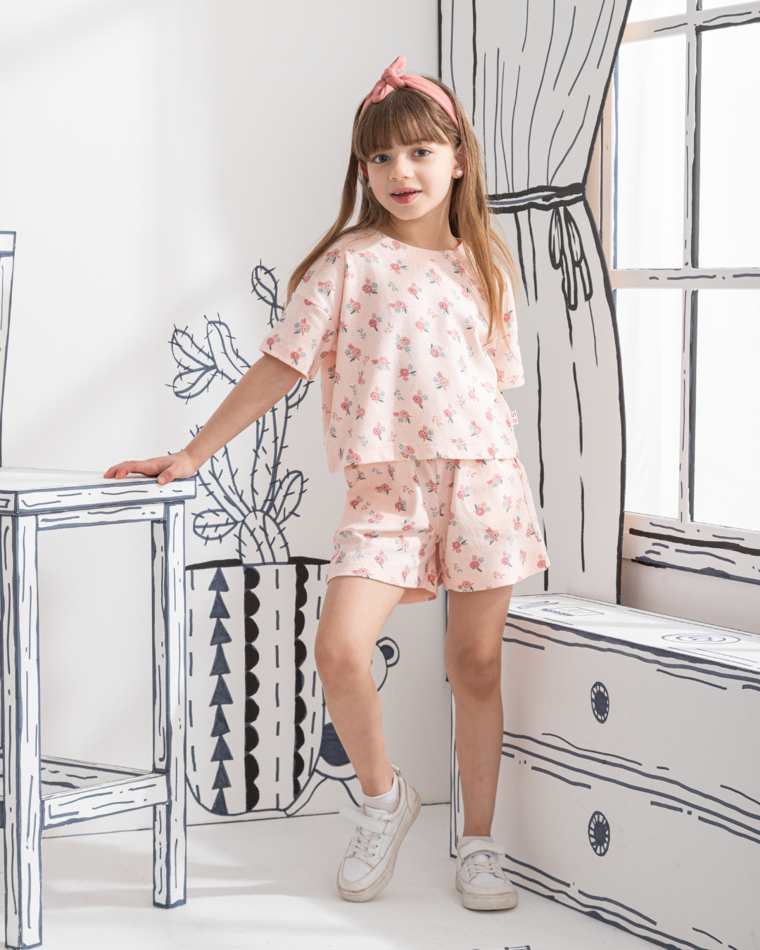 Floral Pointelle بيجاما بناتي نص كم وشورت مطبوع ورد