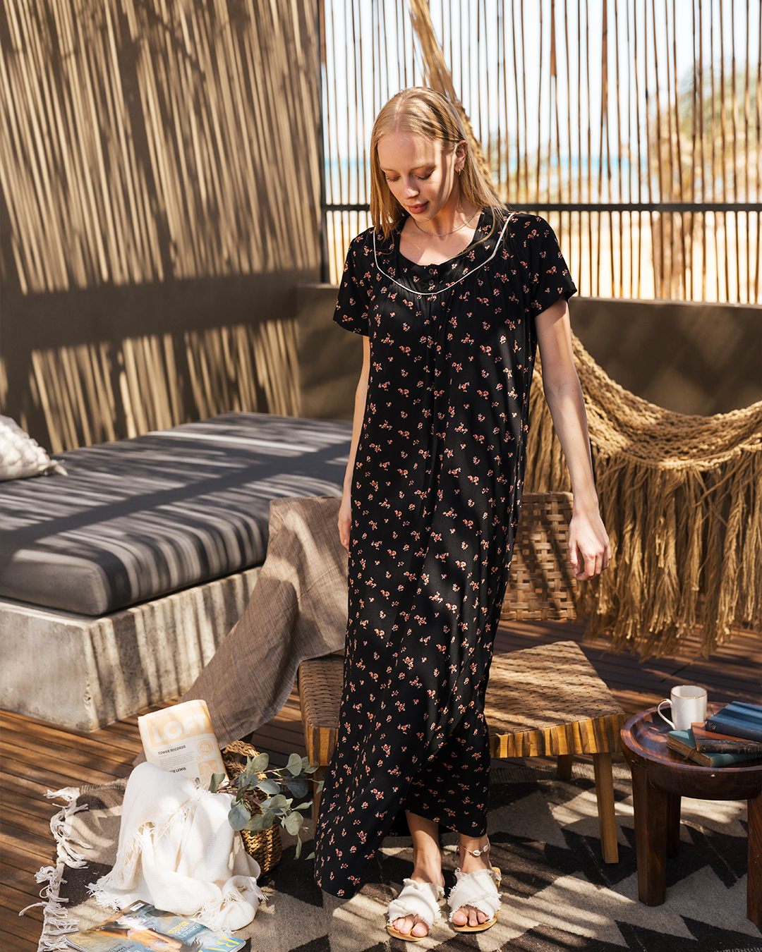 Black Floral Women's Half Sleeve Gown