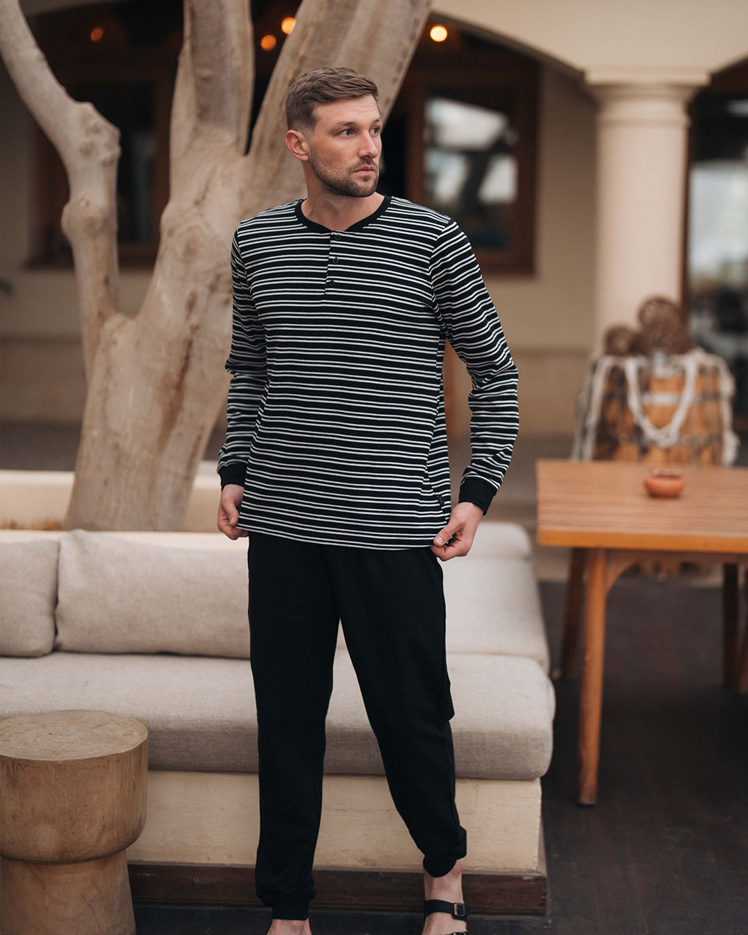 Waffel Stripe بيجاما رجالي كم طويل وافل سترايب * بنطلون سمر ميلتون