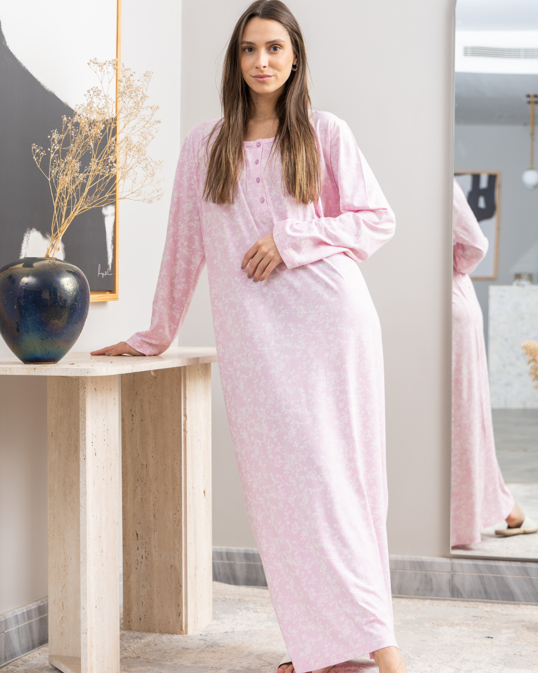 قميص نوم حريمي طويل بكم راوند بزراير طباعه فراشات