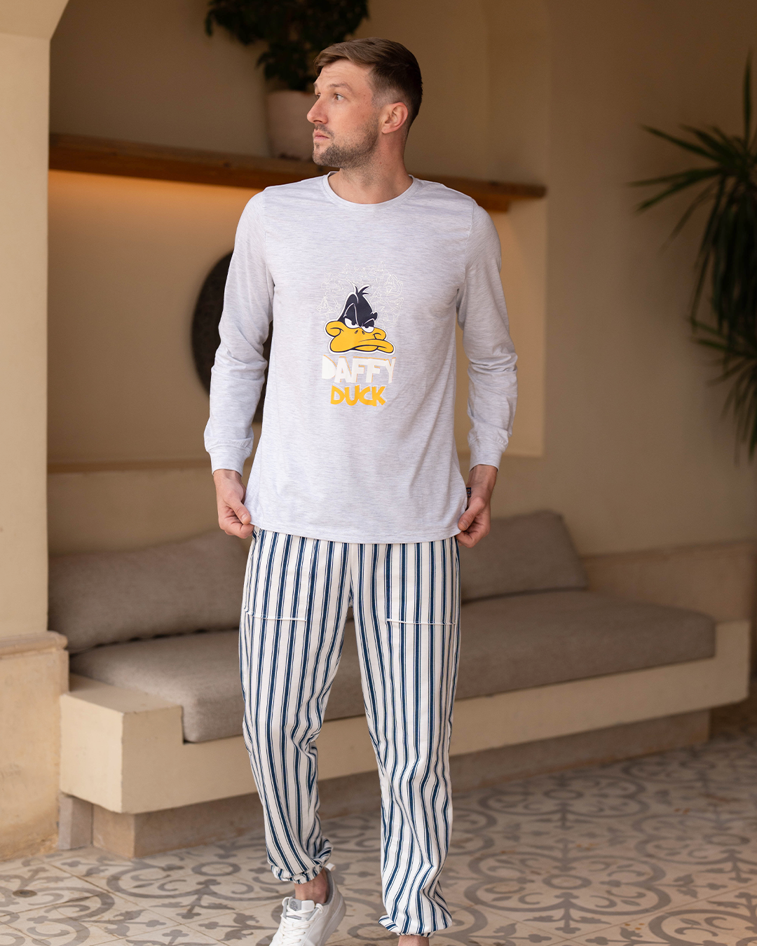 Daffy Duck Men's Long Sleeve Cotton Pajamas * Summer Melton Stripe Pants