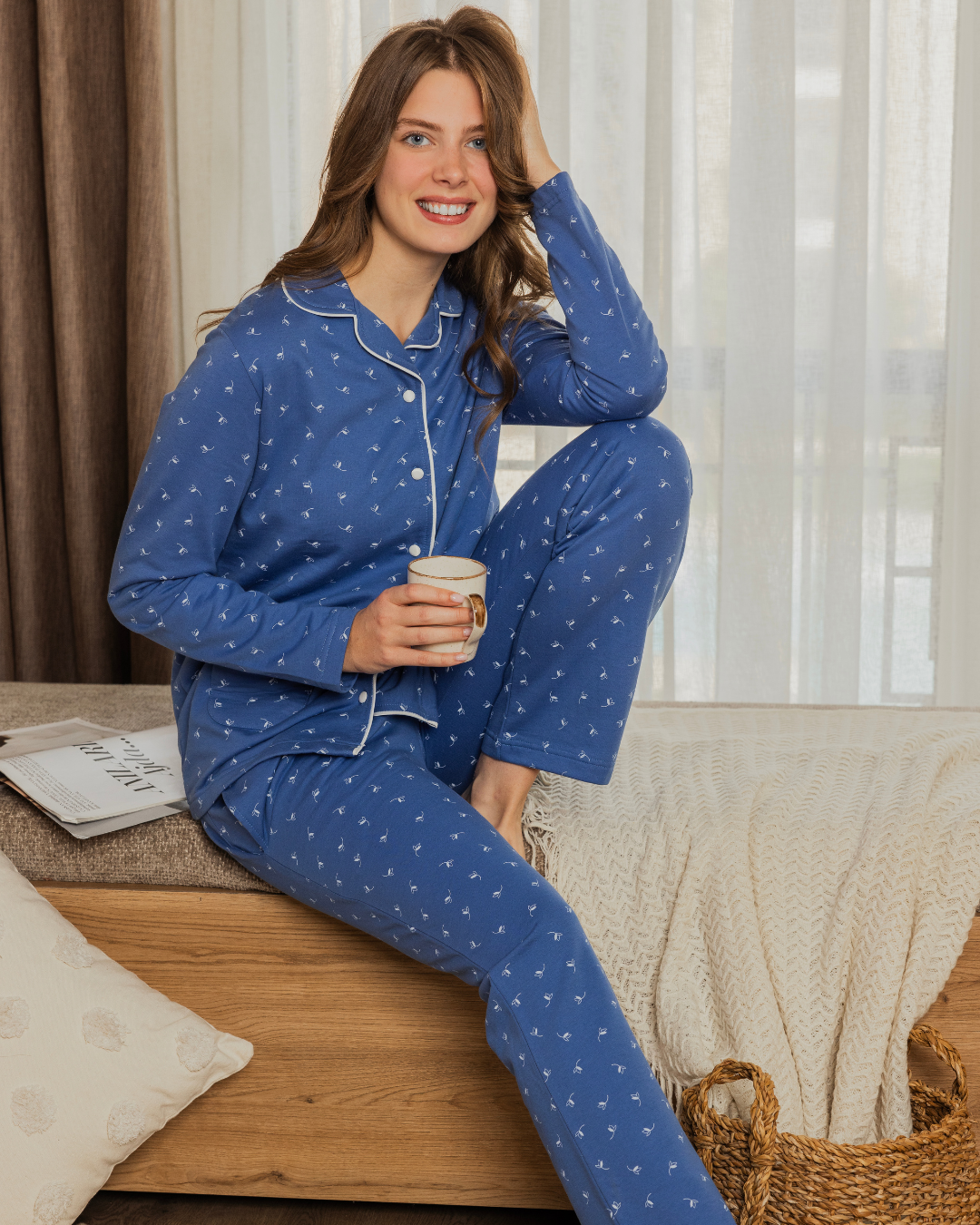 Women's Classic Pajama Set Printed Open Button Long Sleeve Jacket and Printed Pants