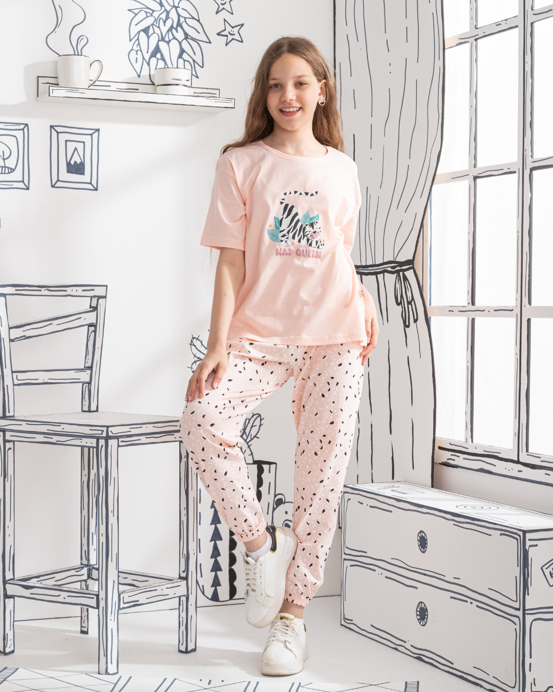 Nap Queen بيجاما بناتي نص كم * بنطلون مطبوع