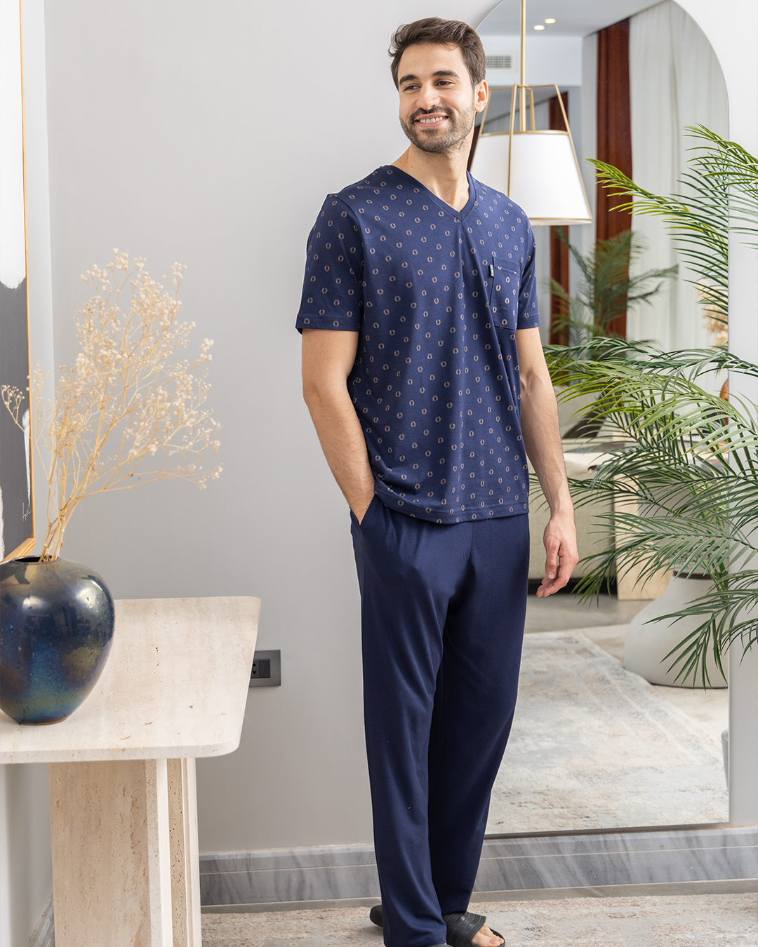 Olive branch print, plain V-neck pajama pants for men