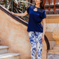 Women's pajama top with lace cut and chest opening, pink flower pants